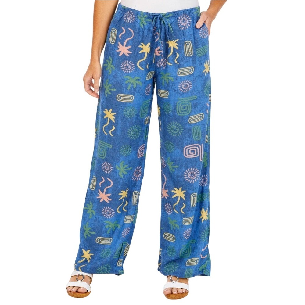 Cali 1850 Linen Blue Tropical Print Beach Elastic Waist Drawstring Pants Large